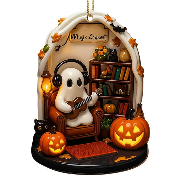 Vrorvz Halloween Decorations Ghost Pendant Cute Reading Corner Acrylic Board for Spooky Home Decor with Lanterns and Pets Suit Halloween Lovers and Collectors 3.9in Multicolor