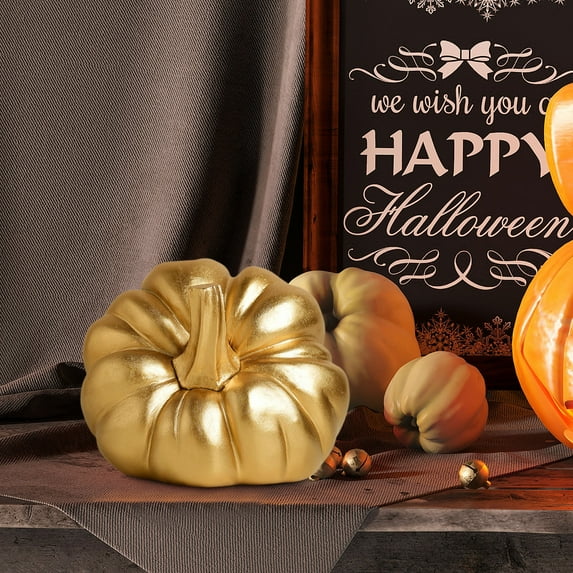 Vrorvz Halloween Pumpkin Resin Crafts for Home Decor and Office Coziness Realistic Hand Painted Fall Centerpiece with Versatile Design Suit for Enthusiasts and Seasonal Themes 6.7in Gold
