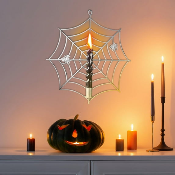 Vrorvz Halloween Spiderweb Candle Holders Halloween Decorations Indoor Outdoor Spooky Web Design for Halloween Parties Displays Versatile Hanging Metal Craft for Walls Doorways Trees 7.5in Silver