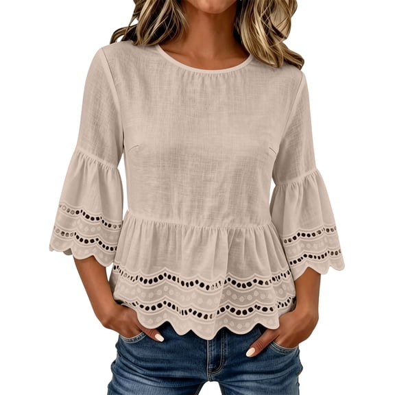 Vrorvz Lace Ruffle Sleeve Top for Womens Crew Neck Tops 3/4 Sleeves Fashion Trendy Cute Blouse Spring Shirts