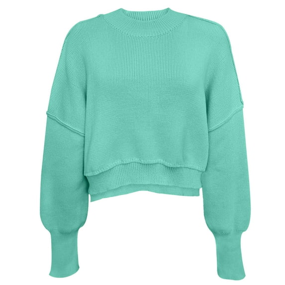 Vrorvz Lightweight Knitted Sweater for Women Solid Color Crew Neck Long Sleeve Pullover Blouse Casual Trendy Cropped Tops