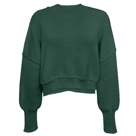 Vrorvz Lightweight Knitted Sweater for Women Solid Color Crew Neck Long Sleeve Pullover Blouse Casual Trendy Cropped Tops