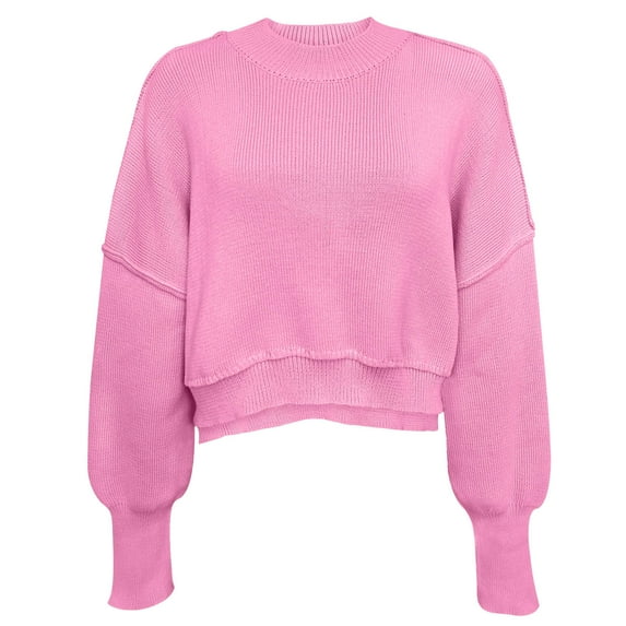 Vrorvz Lightweight Knitted Sweater for Women Solid Color Crew Neck Long Sleeve Pullover Blouse Casual Trendy Cropped Tops