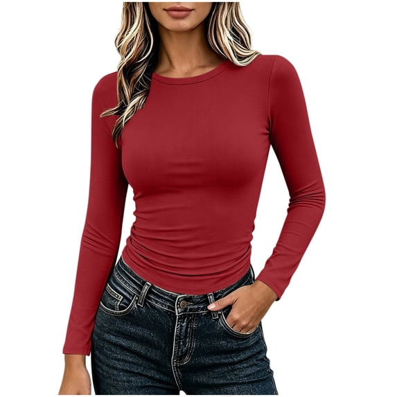 Vrorvz Long Sleeve Shirts for Womens Crew Neck Slim Top Fall Winter Soft Stretch Basic Tee Ladies Undershirt