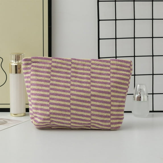 Vrorvz Makeup Bag Knitted Yarn Cosmetic and Pencil Case with Stripe Color Blocking for Stylish Storage and Organization 9.8"x2.4.7"x6" Purple