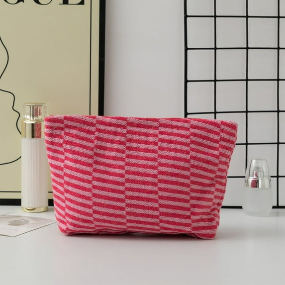 Vrorvz Makeup Bag Knitted Yarn Cosmetic and Pencil Case with Stripe Color Blocking for Stylish Storage and Organization 9.8"x2.4.7"x6" Red