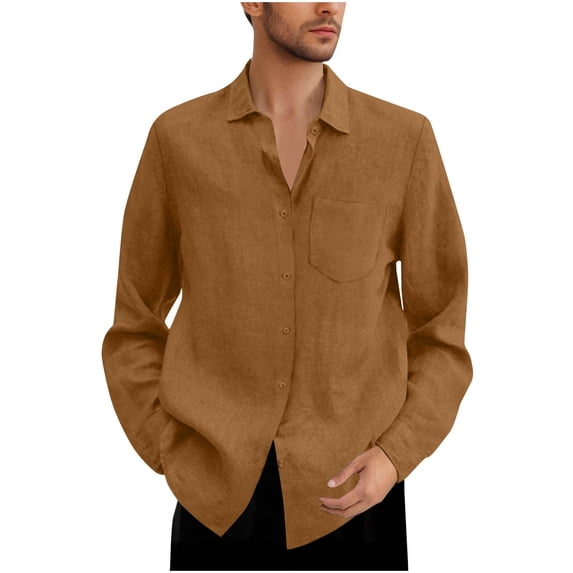 Vrorvz Mens Cotton Linen Shirts with Pockets Button down Beach Vacation Shirt Long Sleeve Blouses Collared Tops