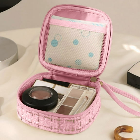Vrorvz Mini Cosmetic Bag for Travel and Purse Use Portable Makeup Organizer with Inner Pocket for Toiletries Feminine Products Suit for Minimalists 5.9"x5.9"x1.6" Pink
