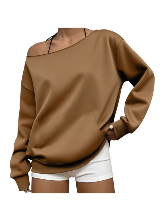 Off the Shoulder Sweatshirt for Women Long Sleeve Oversized Top Fall Solid Color Casual Trendy Sweatshirts