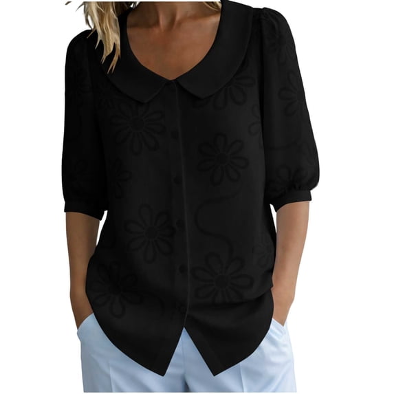 Vrorvz Printed Top Womens 3/4 Sleeve Button down Collared Tops Summer Business Blouses Casual Work Outfit