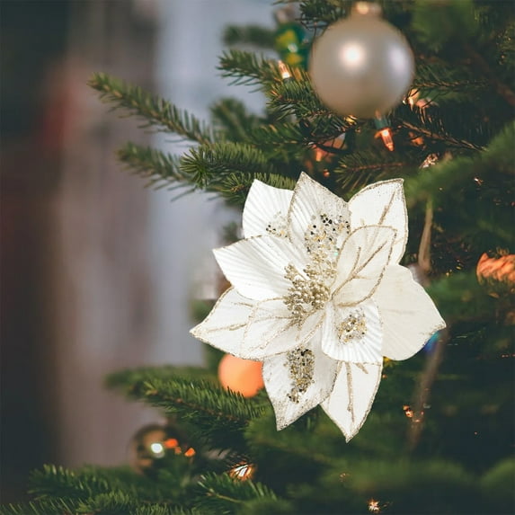 Vrorvz Simulation Flower for Christmas Tree Decorations with Realistic Design Long Lasting Cloth Material for Holiday Parties Wedding Home Decor 9.4in White