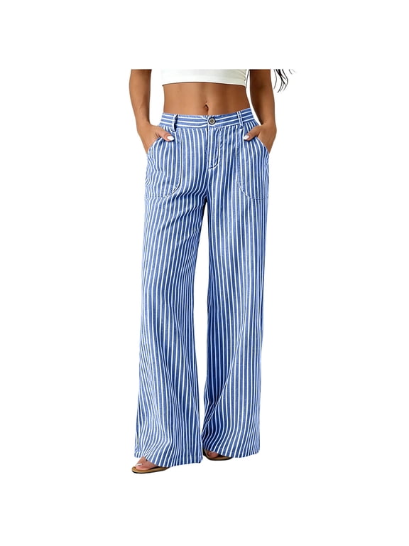 Striped Pants for Womens High Elastic Waisted Trousers Straight Leg Loose Baggy Pant with Pocket