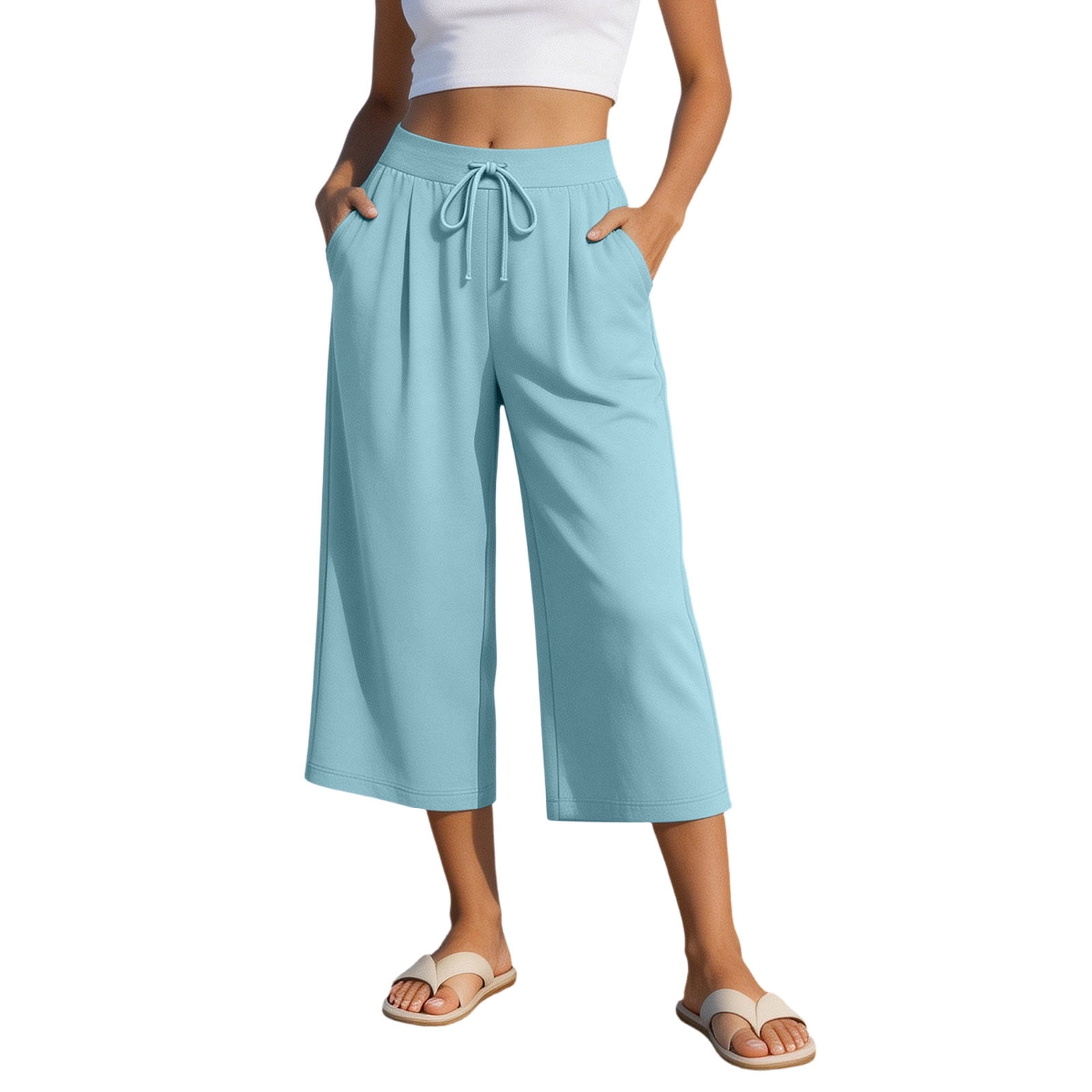 Capre Host Vrorvz Wide Leg Capri for Womens Drawstring Elastic Waist Pant High ...