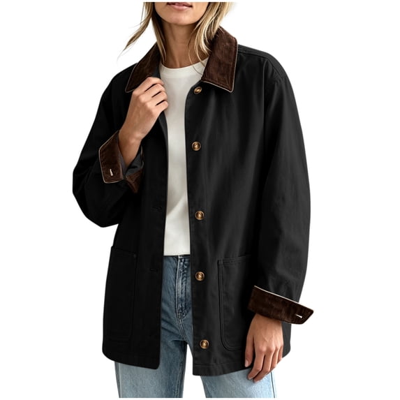 Vrorvz Women Button down Jacket Long Sleeve Collared Jackets Outerwear Casual Loose Coat with Pockets