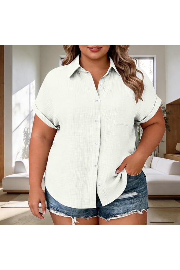 Women' Plus Size Blouses Short Sleeve Button down Collared Tops Summer Work Office Business Tee Shirts