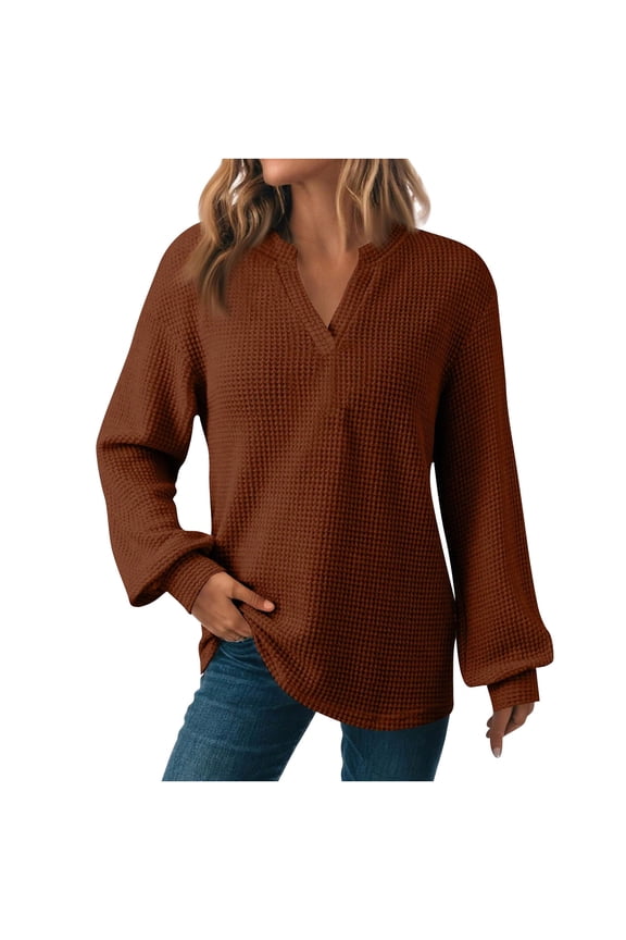 Women Quilted V Neck Blouse Solid Color Long Sleeve Casual Sweatshirt Trendy Sport Tops