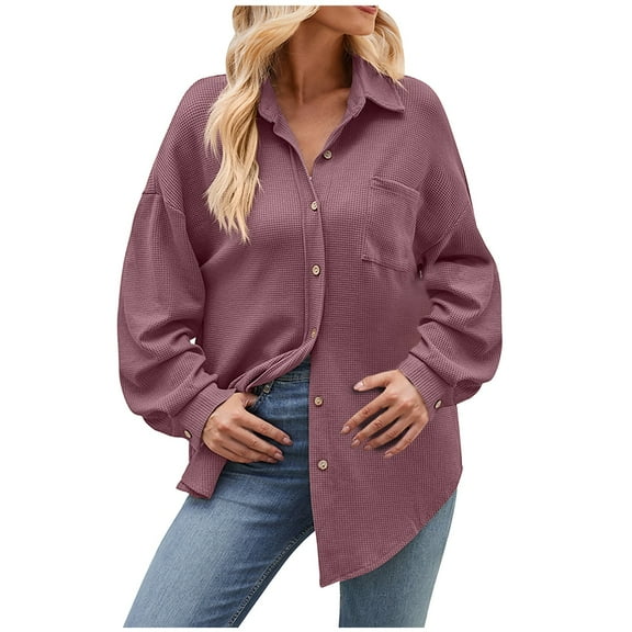 Vrorvz Women's Button Down Blouse Solid Color Turndown Collar Long Sleeve Loose Shirt with Pocket Vintage Casual Tunic