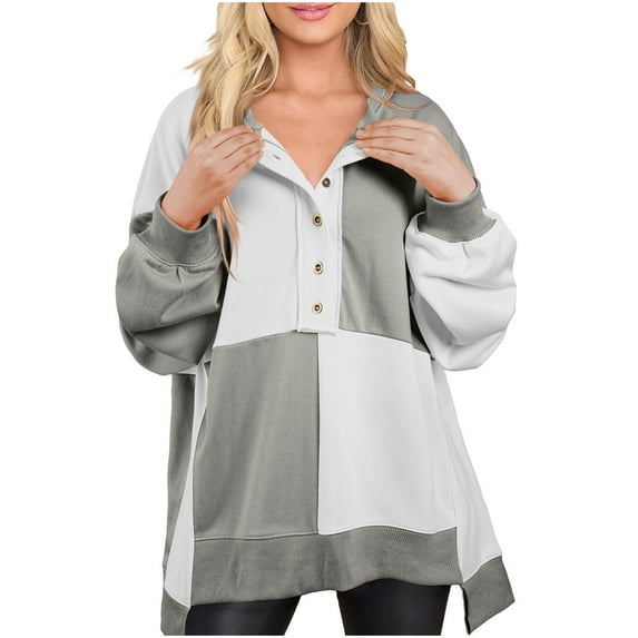Vrorvz Women's Loose Pullover Tops Color Block Button Crew Neck Long Sleeve Casual Blouse Trendy Versatile Tunic