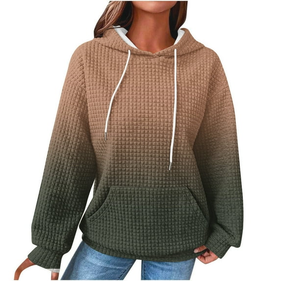 Vrorvz Women's Quilted Hoodies Gradient Color Hooded Drawstring Long Sleeve Pocket Sweatshirt Trendy Casual Tops