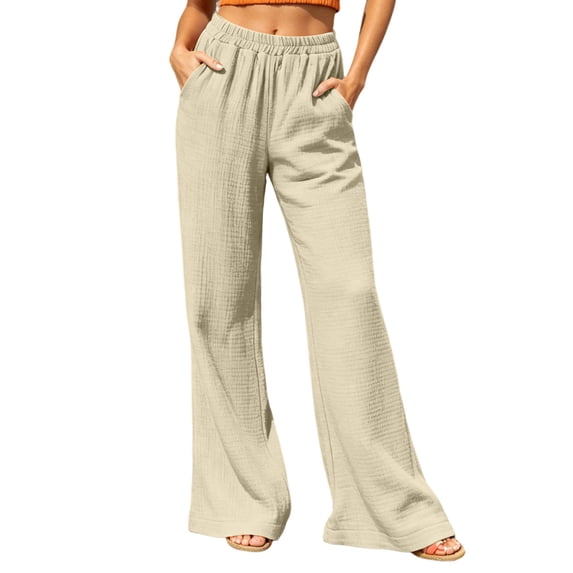 Vrorvz Womens Long Pants Elastic Waisted Straight Leg Pant Casual Loose Summer Trouser Stretch Trouser with Pocket