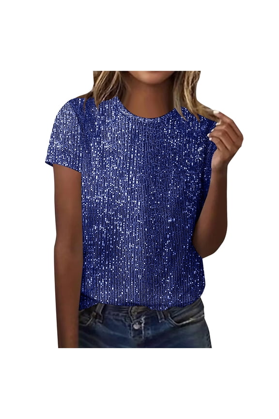 Womens Sequin Tops Short Sleeve Crew Neck Tee Sparkle Fashion Trendy Blouses Summer Party Shirts