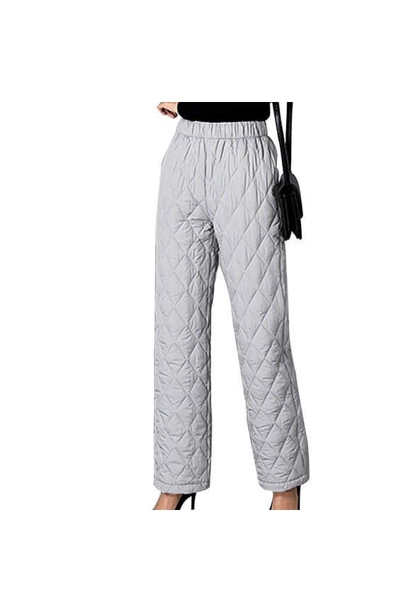 Womens Winter Pant Puffer Lightweight Quilted Warm Elastic Waist Straight Leg Trousers with Pockets