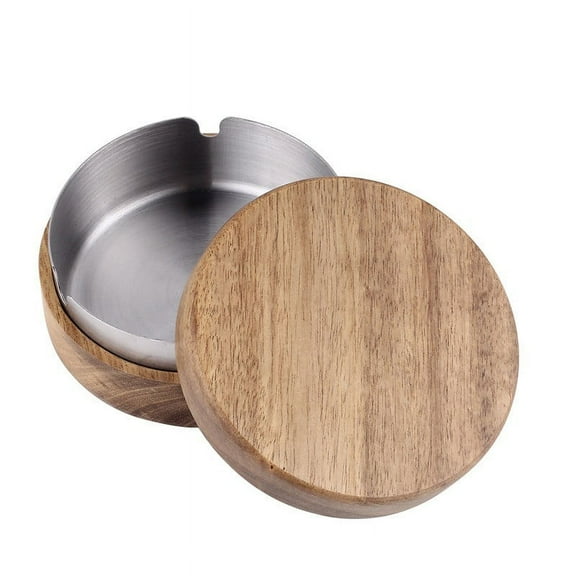 Vrorvz Wood Ashtray With Lid Natural Wood Exterior Stainless Steel Interior Windproof Design Easy To Clean For Indoor Outdoor Use Suit Gift For Smokers Elegant Decor Accessory