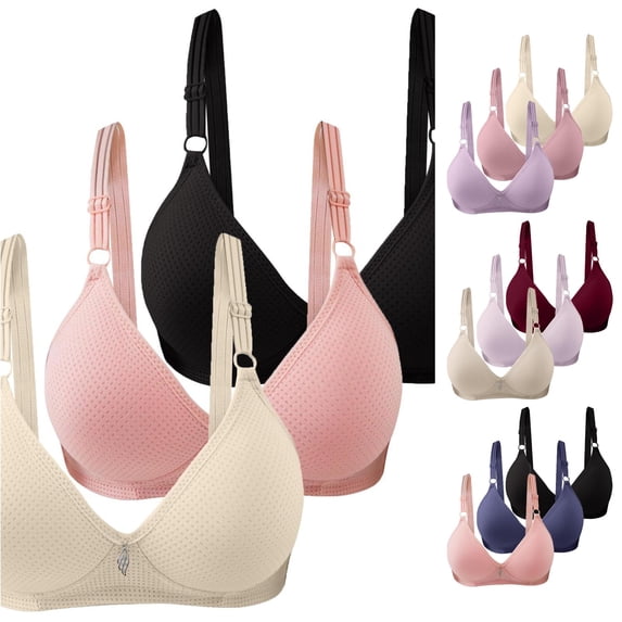 Vrotazzy 3PC Women Solid Cup Gathered Breathable Side Fold Adjustable Shoulder Strap Large Bra Underwear Set 3PCS