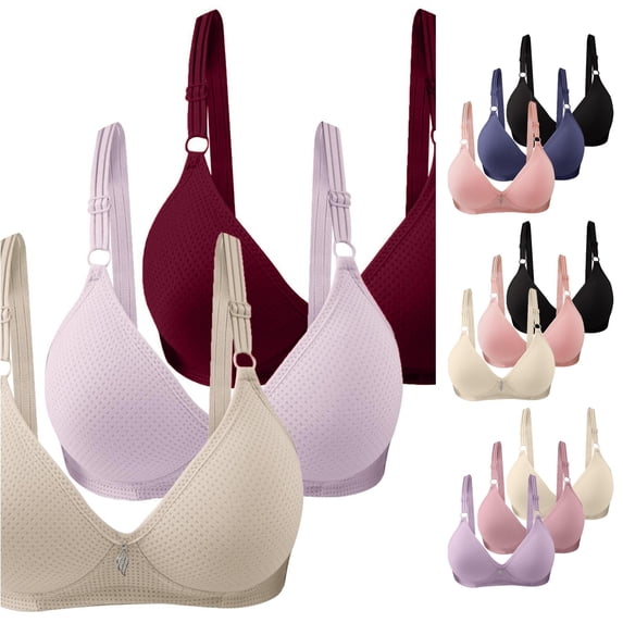 Vrotazzy 3PC Women Solid Cup Gathered Breathable Side Fold Adjustable Shoulder Strap Large Bra Underwear Set 3PCS