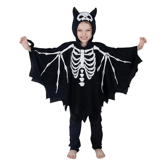 Vrotazzy Boys Halloween Skeleton Jumpsuit Scary Bone Outfit Kids Party Dress Up Hooded Bat Theme,Size 5-6 Years