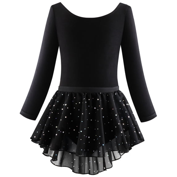 Vrotazzy Elegant Ballet Leotard Dress with Long Sleeves and Layered Skirt for Young Dancers,6-7 Years