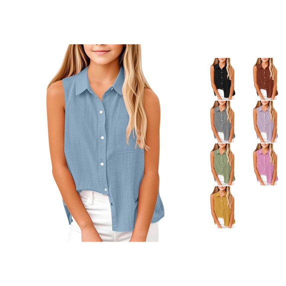 Vrotazzy Girls Blend Button Down Vest Shirt for Everyday Casual Wear Youth Sizes with Sleeveless Tank Top and Collared for Spring Summer