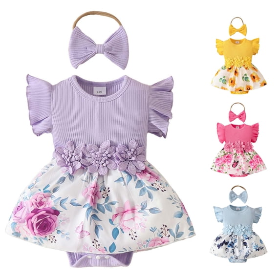Vrotazzy Girls Bodysuits for Baby Girls - Sleeveless Ribbed Floral Applique Romper with Textured for Summer Casual Wear - -Piece Bodysuit