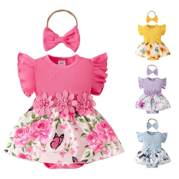 Vrotazzy Girls Bodysuits for Baby Girls - Sleeveless Ribbed Floral Applique Romper with Textured for Summer Casual Wear - -Piece Bodysuit