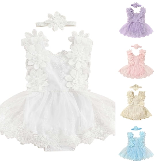 Vrotazzy Girls Bodysuits for Little Girls – Lace Mesh Romper with Floral Print and Tutu Skirt Summer Crawlers Dress & Headband Accessory