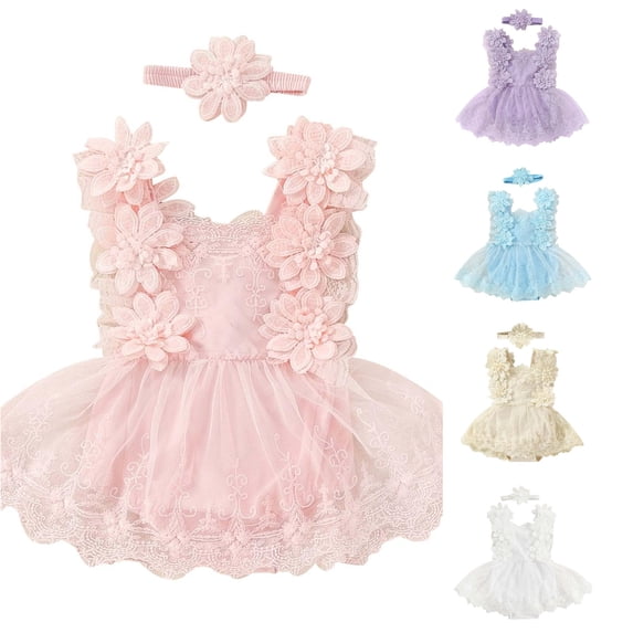 Vrotazzy Girls Bodysuits for Little Girls – Lace Mesh Romper with Floral Print and Tutu Skirt Summer Crawlers Dress & Headband Accessory