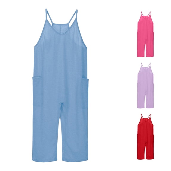 Vrotazzy Girls Casual Sleeveless Jumpsuit for Kids with Loose Overalls and Long Pants Spaghetti Strap Romper with Pocket Easy-Wear -Piece Outfit for Girls