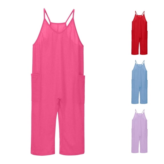 Vrotazzy Girls Casual Sleeveless Jumpsuit for Kids with Loose Overalls and Long Pants Spaghetti Strap Romper with Pocket Easy-Wear -Piece Outfit for Girls