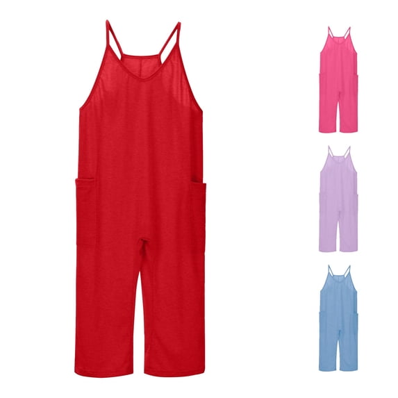 Vrotazzy Girls Casual Sleeveless Jumpsuit for Kids with Loose Overalls and Long Pants Spaghetti Strap Romper with Pocket Easy-Wear -Piece Outfit for Girls