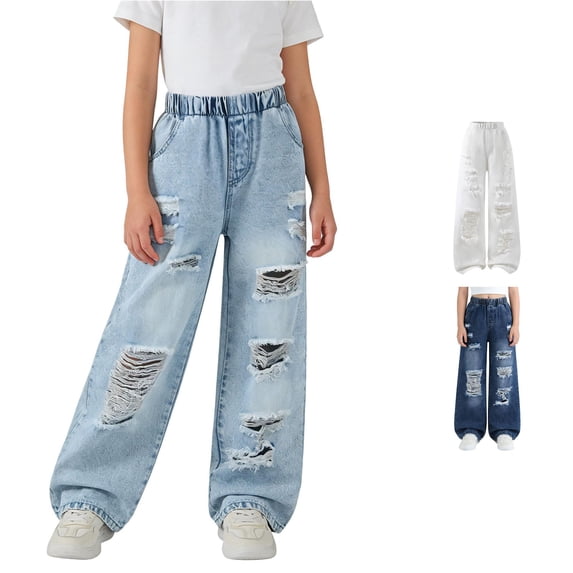 Vrotazzy Girls Denim Jeans for Everyday Casual Wear with Distressed Design and Elastic Waist - Solid Pants for Spring and Summer