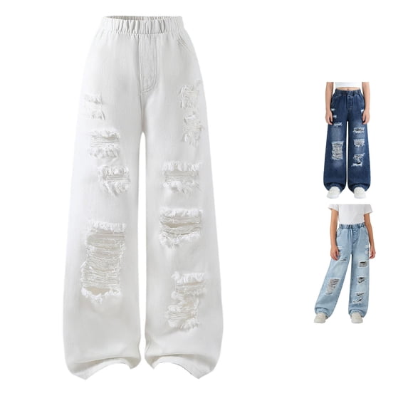 Vrotazzy Girls Denim Jeans for Everyday Casual Wear with Distressed Design and Elastic Waist - Solid Pants for Spring and Summer