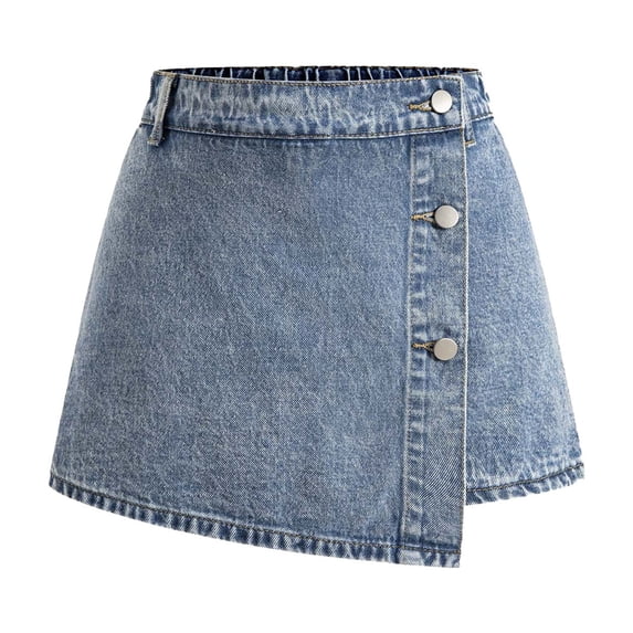 Vrotazzy Girls Distressed Denim Skorts with Button Front Washed Snowflake Design Casual Stretch Skirt Shorts for Youth,Sizes 14-15 Years