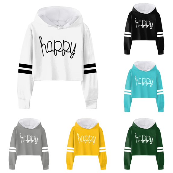 Vrotazzy Girls Hooded Pullover Sweatshirt Casual Loose Long Sleeve Letter Print Striped Crop Top Youth Athletic Fashion Outerwear