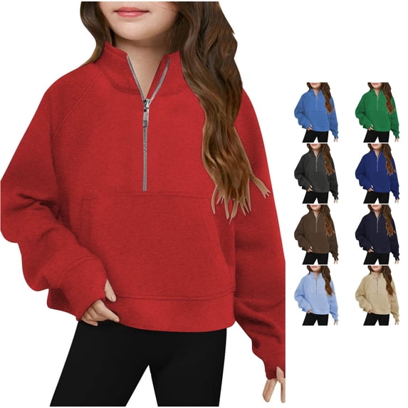 Vrotazzy Girls Hoodies & Sweatshirts Half Zip Crop Sweatshirt Long Sleeve Pullover Tops Kids Lightweight Winter Clothes,Sizes 7-8 Years