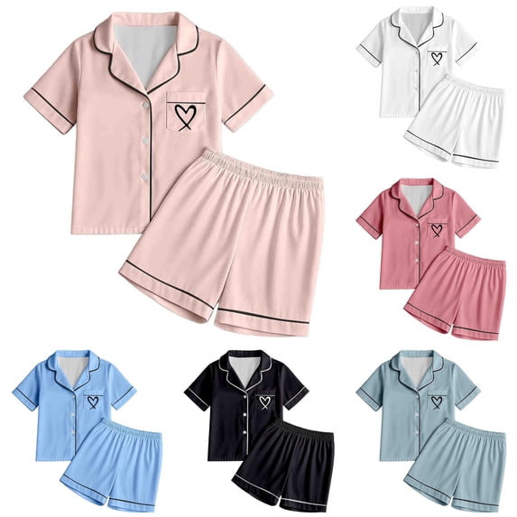 Vrotazzy Girls Pajama Set,Girls Set 2pcs Tween Heart Print Short Sleeve Shorts Pajama Top Button-Down Soft Loungewear Comfortable Nightwear Kids,10-11 Years