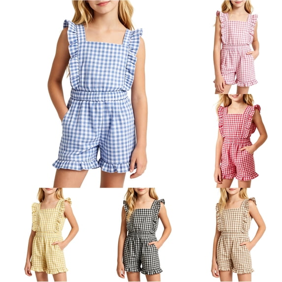 Vrotazzy Girls Striped Sleeveless Romper With Ruffle for Summerplaytime Cute Square Neck Jumpsuit with Pockets and Elastic Fit Girls Romper Outfit for Everyday Adventures