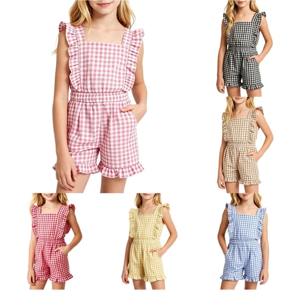 Vrotazzy Girls Striped Sleeveless Romper With Ruffle Trim for Summerplaytime Cute Square Neck Jumpsuit with Pockets and Elastic Fit Girls Romper Outfit for Everyday Adventures