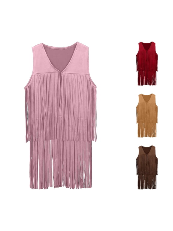 Girls Western Fringe Vest Outfit 60s 70s Hippie Set Kids Tassel Cowboy Party Jacket,Size 3-4 Years