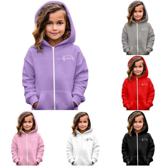 Vrotazzy Girls Zip Up Hooded Sweatshirt With Cute Heart Print Pullover Casual Jacket for Kids Youth Outerwear