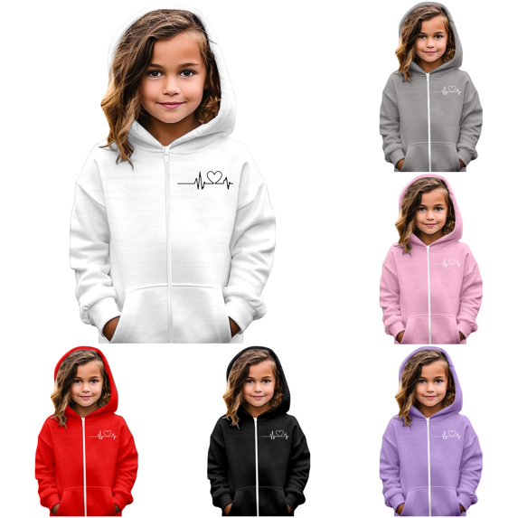 Vrotazzy Girls Zip Up Hooded Sweatshirt With Cute Heart Print Pullover Casual Jacket for Kids Youth Outerwear